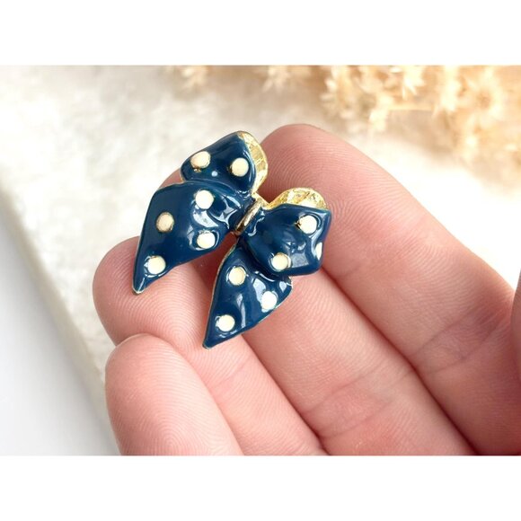 Polka Dot Blue & White Ribboned Bow Gold Toned Enameled Vintage Brooch - Picture 7 of 12